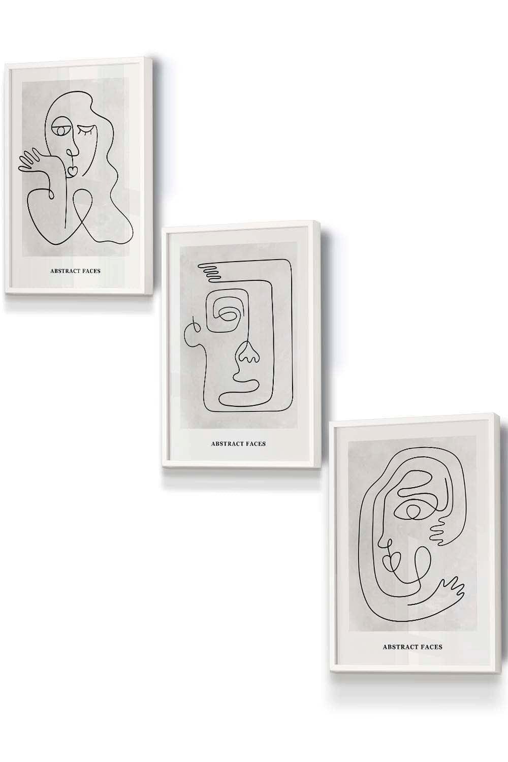 Set of 3 White Framed Grey Abstract Line Art Faces Wall Art